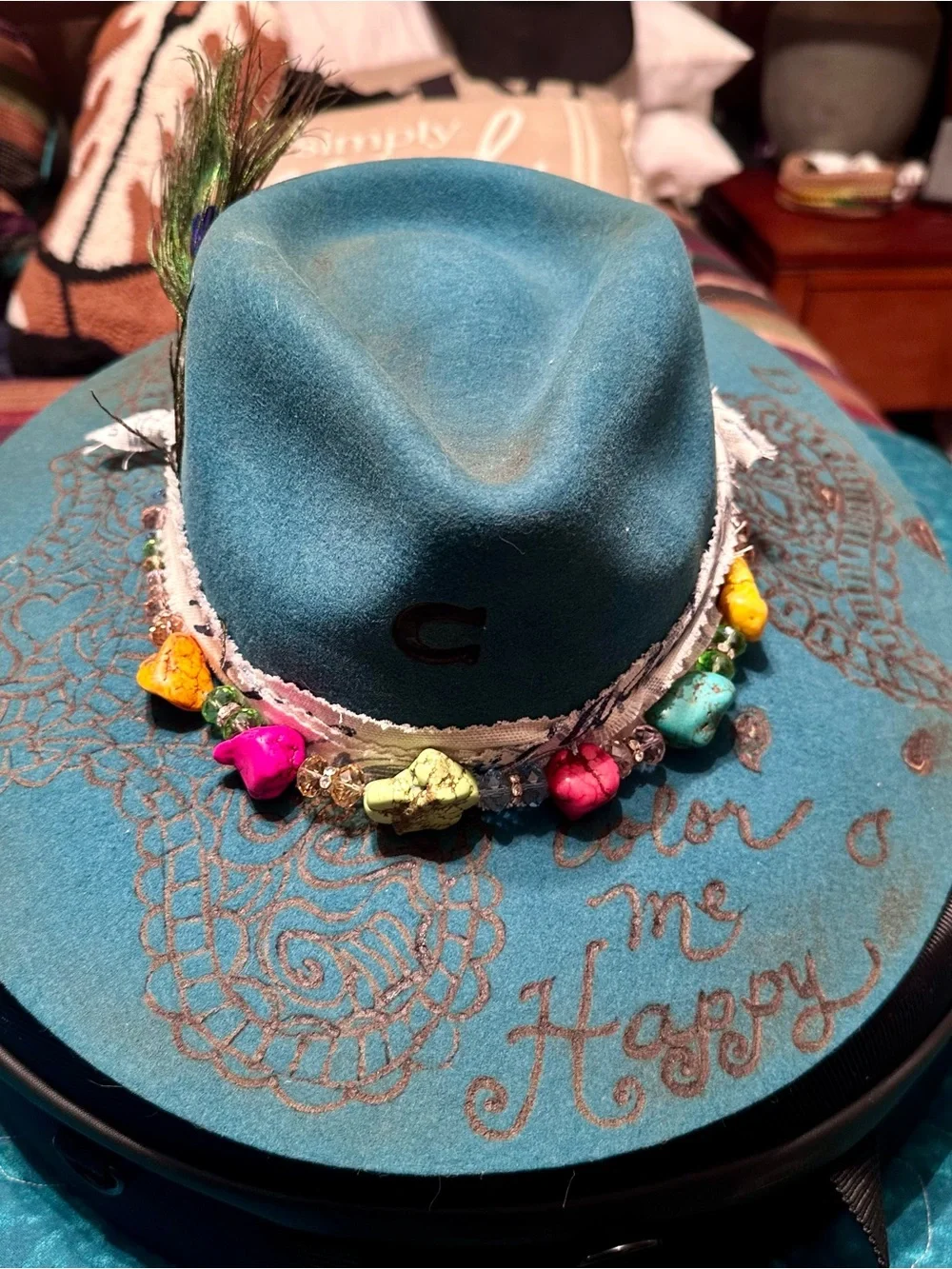 Charlie One Horse Paisley Burned Designed Dark Teal Felt Hat w/ Beaded ColorTrim